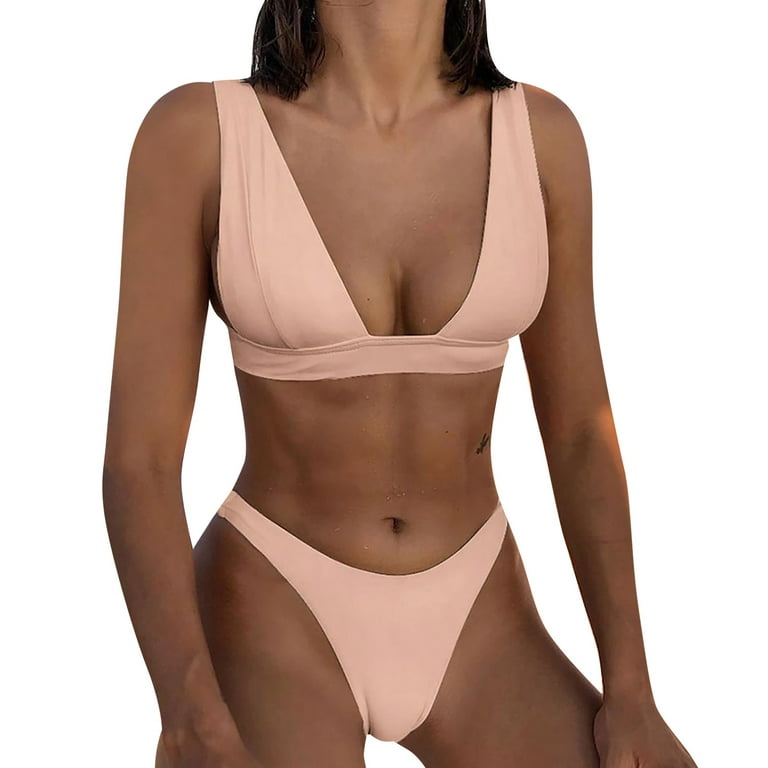 zuwimk Swimsuit Women,Women's Tie Back Padded High Cut Bralette Bikini Set  Two Piece Swimsuit Beige,XL 