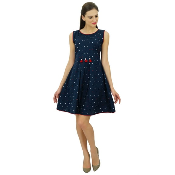 Bimba Navy Blue Pleated Cotton Dress Chic Casual Midi Sleeveless Summer Dresses