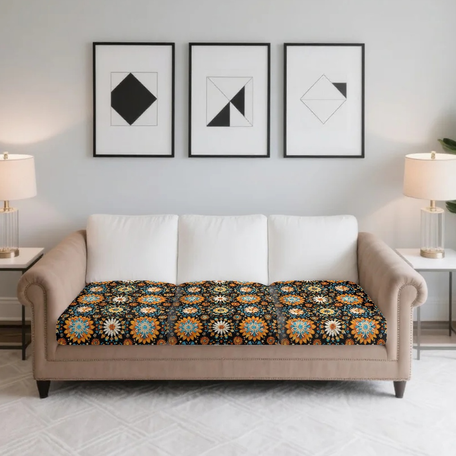 COEQINE Stretch Armchair Cushion Cover Washable Couch Cushion Cover Fitted Sofa Seat Slipcover Sets Separate Sectional Sofa Cover for Home Decor, 3 Pieces, Boho Mandala Floral Orange