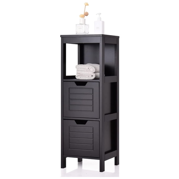 Bathroom Floor Cabinet, Wooden Side Storage Cabinet with Two Removable Drawers for Flexible Storing, Suitable for Bathroom, Living Room, 12 x 12 x 35 inches (Black)