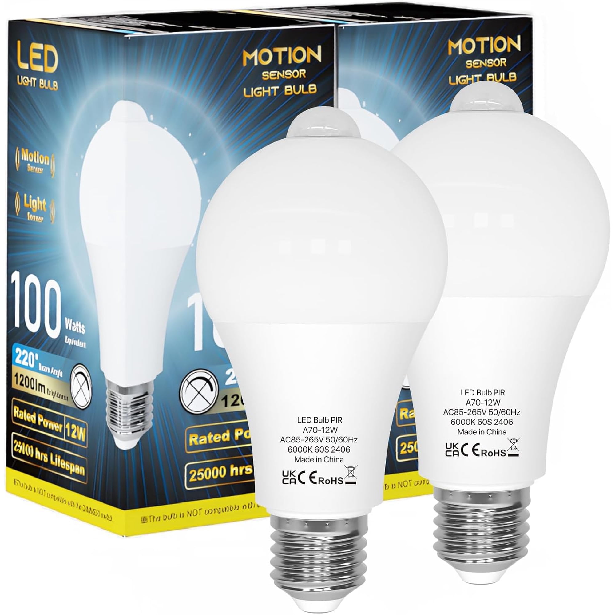 ORALUCE Motion Sensor Light Bulbs Indoor Outdoor 100 watt Equivalent, 12W Motion Activated Light Bulb 6000K Cool White, A19 E26 LED Light Bulb for Garage, Porch, Hallway, Stairs, Front Door, 2 Pack