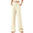 thumbnail image 2 of Girls' 100% Cotton Wide Leg Pants Beige - Ultra-Soft Breathable Elastic Waist Ribbed Casual Lounge Pants with Side Pockets for Kids (Sizes 120-170),Size 14-15T, 2 of 5