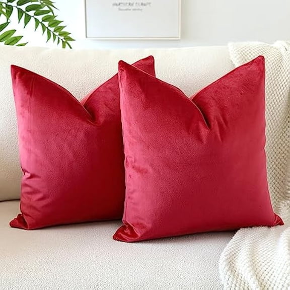 Eryueer Set of 2 Velvet Soft Solid Cushion Covers 45x45 cm Decorative Throw Pillow Covers Square Cushion Case Home Decor Pillow Cases for Couch Sofa Living Room Bedroom 18x18 Inch (Red)