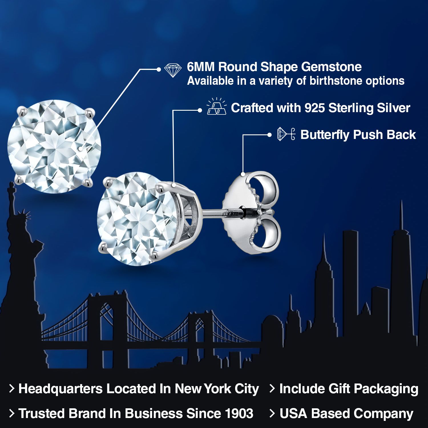 Gem Stone King 925 Sterling Silver Sky Blue Aquamarine Stud Earrings for Women Men (1.50 Cttw, Gemstone March Birthstone, Round 6MM)