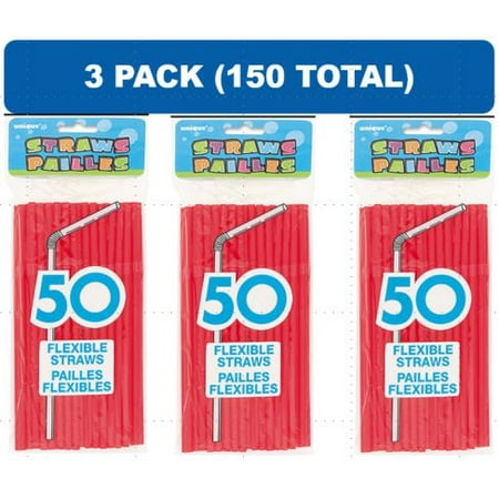 - (3 Pack) Plastic Flexible Straws, 8 in, Red, 50ct