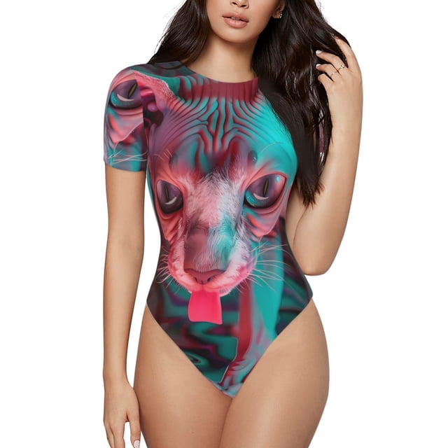 Fotbe Psychedelic Hairless Cat Pattern Women's Crew Neck Short Sleeves Bodysuit Tops Round Neck Slim Sleeveless Soft Comfortable Basic-Medium