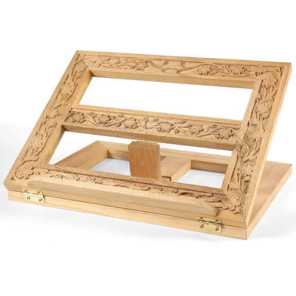 Adjustable Wooden Bible Stand Carved Bible Holder Missal Stand Book Display for Reading Folding Religious Prayer Wooden Holy Book Holder 12.99 x 10.04 Inches (Light Brown)