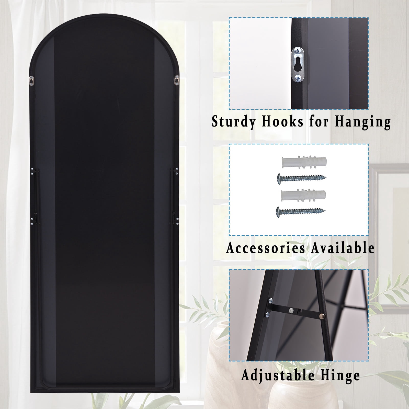Anyrose 34"x76" Full Length Mirror with Arch-Top Standing Mirror Wall Mounted, Black