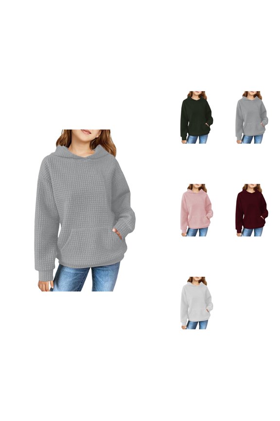 Girls' Checked Silk Hooded Top Coat, Solid Color Long Sleeve Jacket with Pockets, Casual Wear Outerwear Below Length