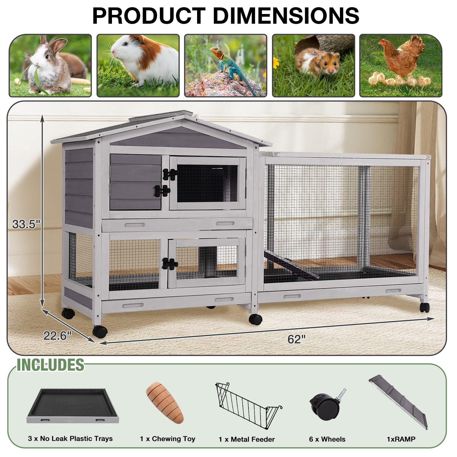 Aivituvin 62" Rabbit Hutch with Wheels for Outdoor & Indoor, 2-Story Bunny Cage with Pull Out Tray, Chew-Proof Ramp, Waterproof Roof