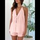 thumbnail image 4 of Conjunto de 2 Piezas de Top Holgado de Verano para Mujer, Sexy, con Espalda Descubierta, Cuello Halter y Lazo Frontal, y Pantalones Cortos de Cintura Alta. Rosa L, 4 of 10