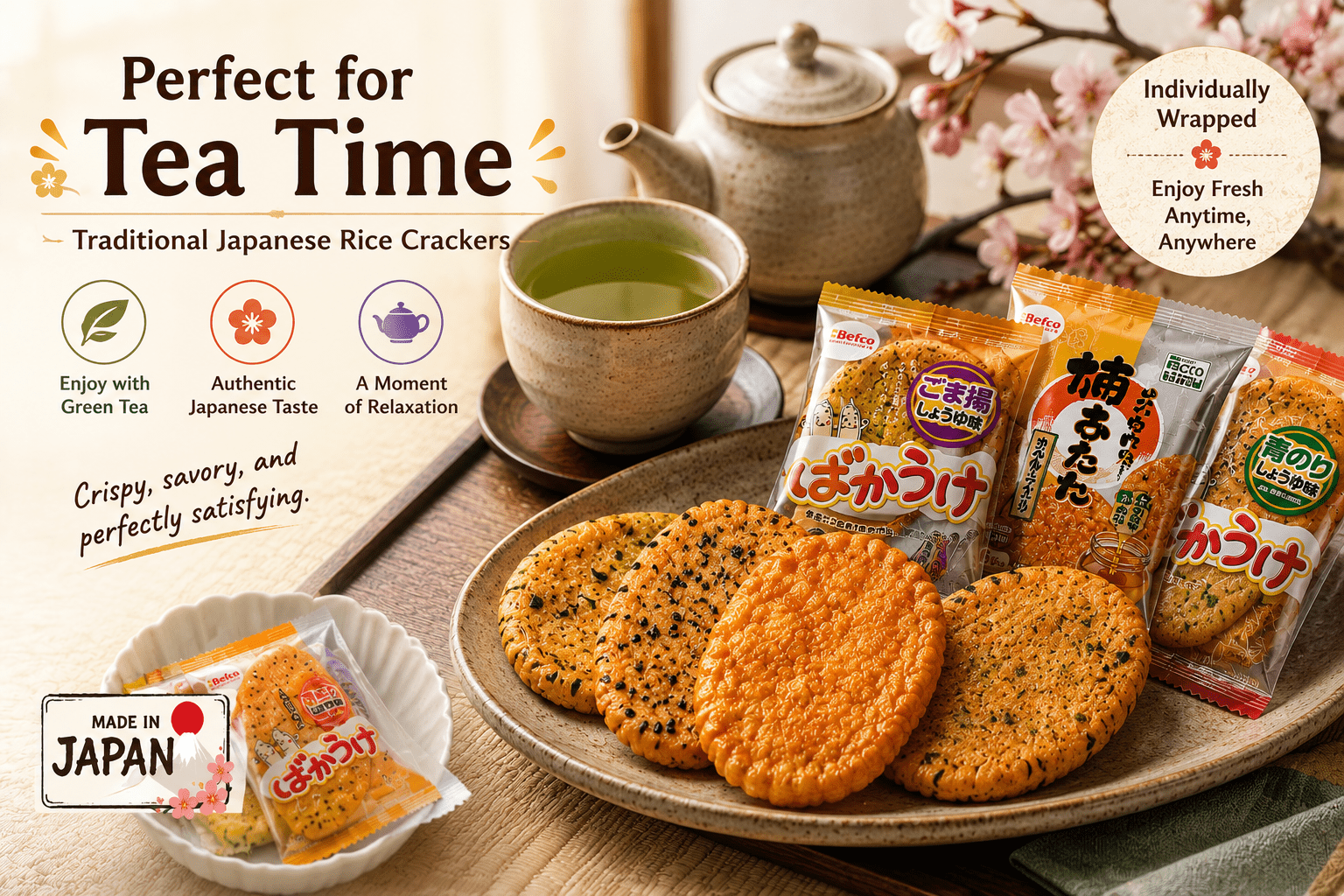 Japanese Rice Crackers Variety Pack, Individually Wrapped Senbei Snacks, Sesame Soy Sauce, Honey Soy Sauce & Seaweed Flavors, Made in Japan, 30 Packs