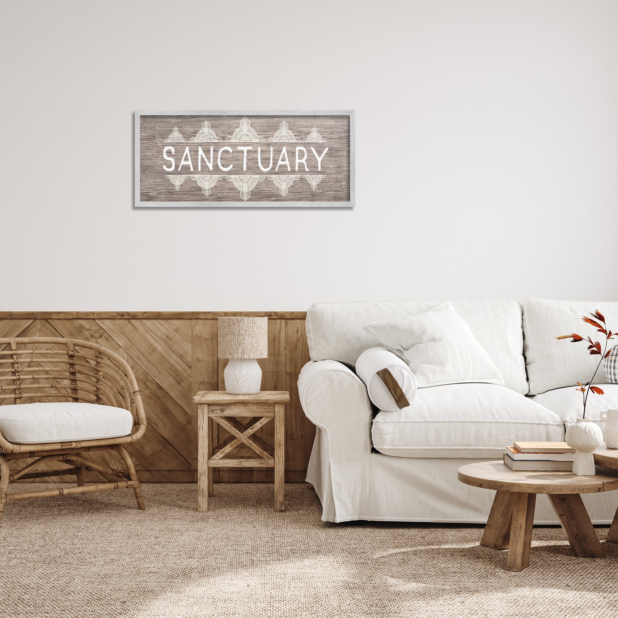 Stupell Industries Sanctuary with Paisley Pattern Typography Painting Gray Framed Art Print Wall Art, 30 x 13