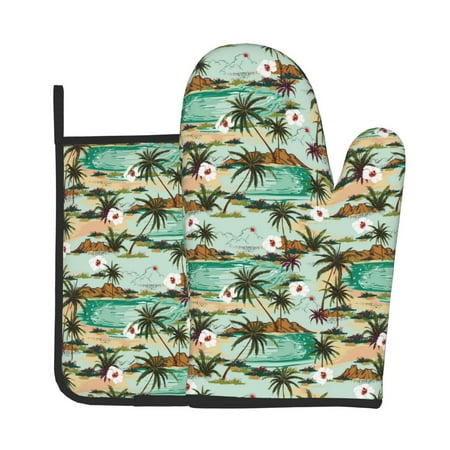 

Zeuib Colorful Hawaii Palms Print Oven Mitt & Pot Holder Set 2-Pack Kitchen Gloves and Hot Pads for Cooking BBQ Grilling Baking