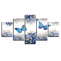 LAMIRO 5Pcs Modern Abstract Blue Butterfly Wall Art Canvas Painting Picture Home Decor