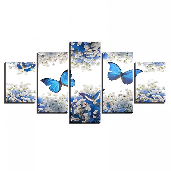 LAMIRO 5Pcs Modern Abstract Blue Butterfly Wall Art Canvas Painting Picture Home Decor