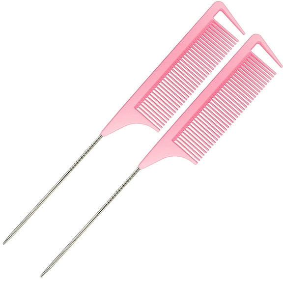 Rat Tail Combs for Hair Stylist, Parting Combs for Braiding Hair, Detangling Teasing Comb, Nylon Pintail Comb with Stainless Steel (Pink - 2 Packs)