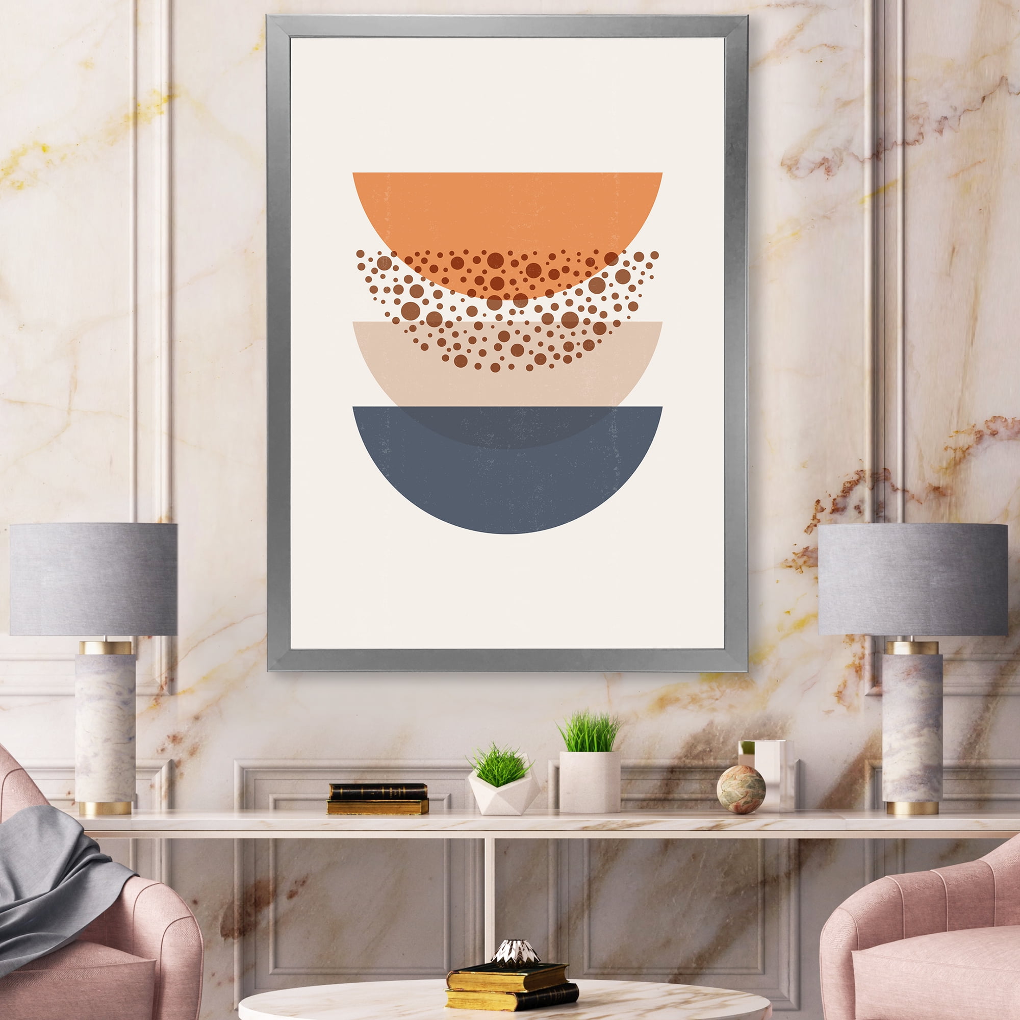 Designart 'Abstract Moon and Sun Geometrics In Blue & Orange' Modern Framed Art Print