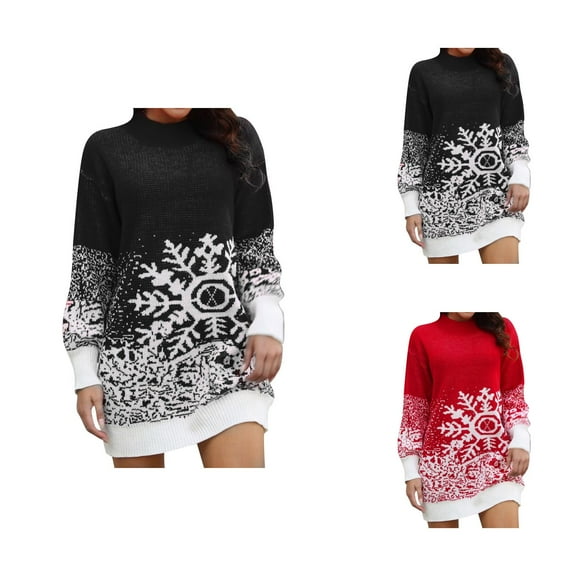 Christmas Sweater Dress for Women 2025 Lattern Sleeve Crewneck Snowflake Xmas Knitted Pullover Sweater Jumper Tops