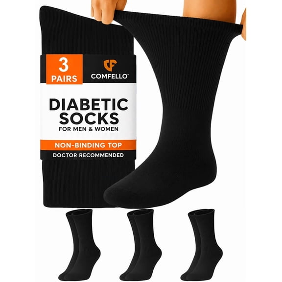 Comfello 3 Pairs Men's Diabetic Socks, Non-Binding Crew Socks, Extra Wide 9-11 Black