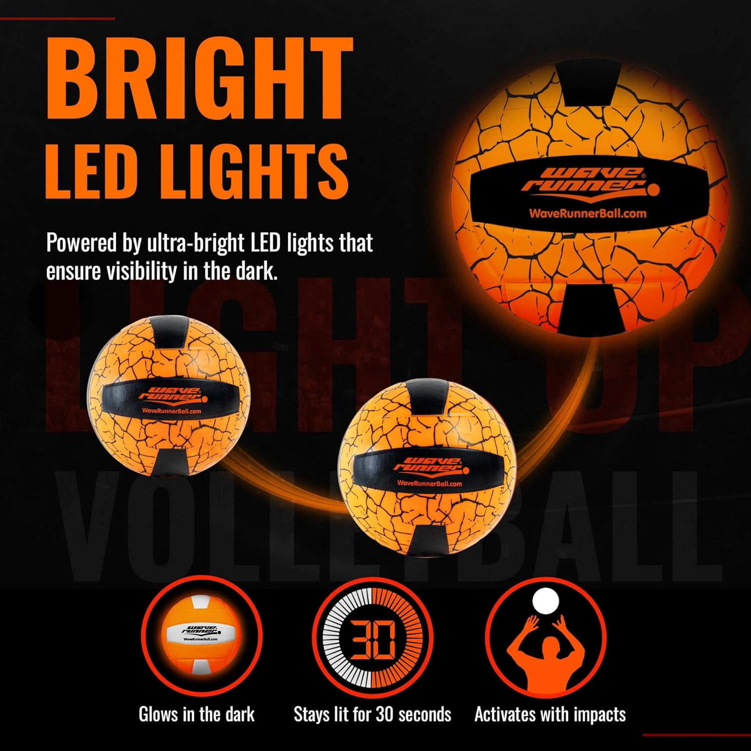 Wave Runner LED Light-Up Volleyball - Glow in The Dark, 10.35 in, Waterproof, Pump & Batteries Included, Great for Teens, Adults & Night Beach Games