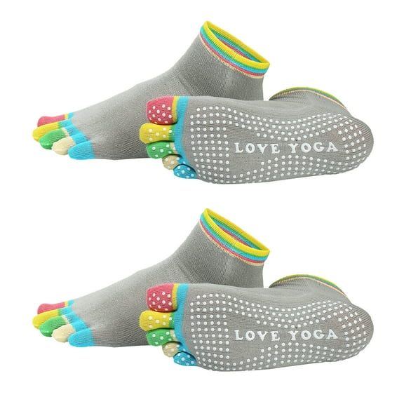 Uxcell Yoga Toe Socks, Non-Slip Five Toe Socks Cotton Toe Sock Finger for Men Women High Performance One Size Fits -Fit for (Pilates/Barre/Ballet/Fitness) 2 Pairs & Colorful-Grey