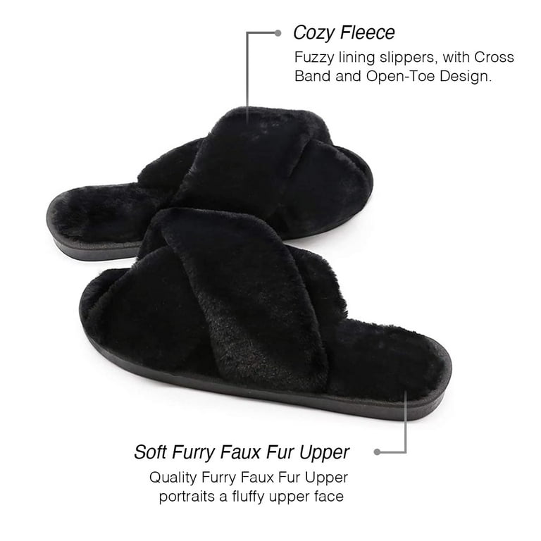  ULTRAIDEAS Women's Fuzzy Cross Band House Slippers with Cozy  Faux Fur, Ladies Open Toe Indoor Outdoor Slip on Slippers | Slippers