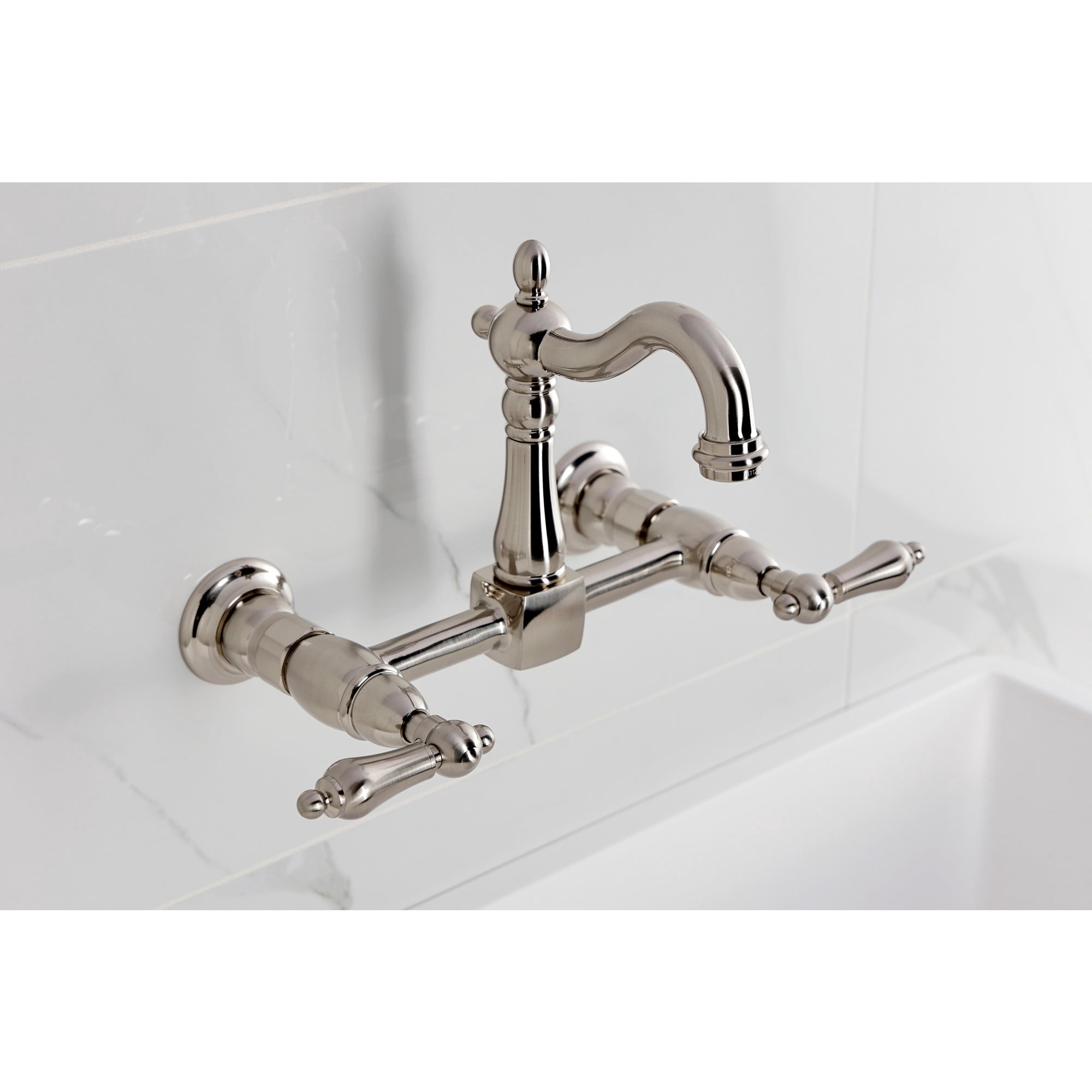 Kingston Brass KS2448AL Heritage Double-Handle Wall-Mount Bridge Kitchen Faucet, Brushed Nickel