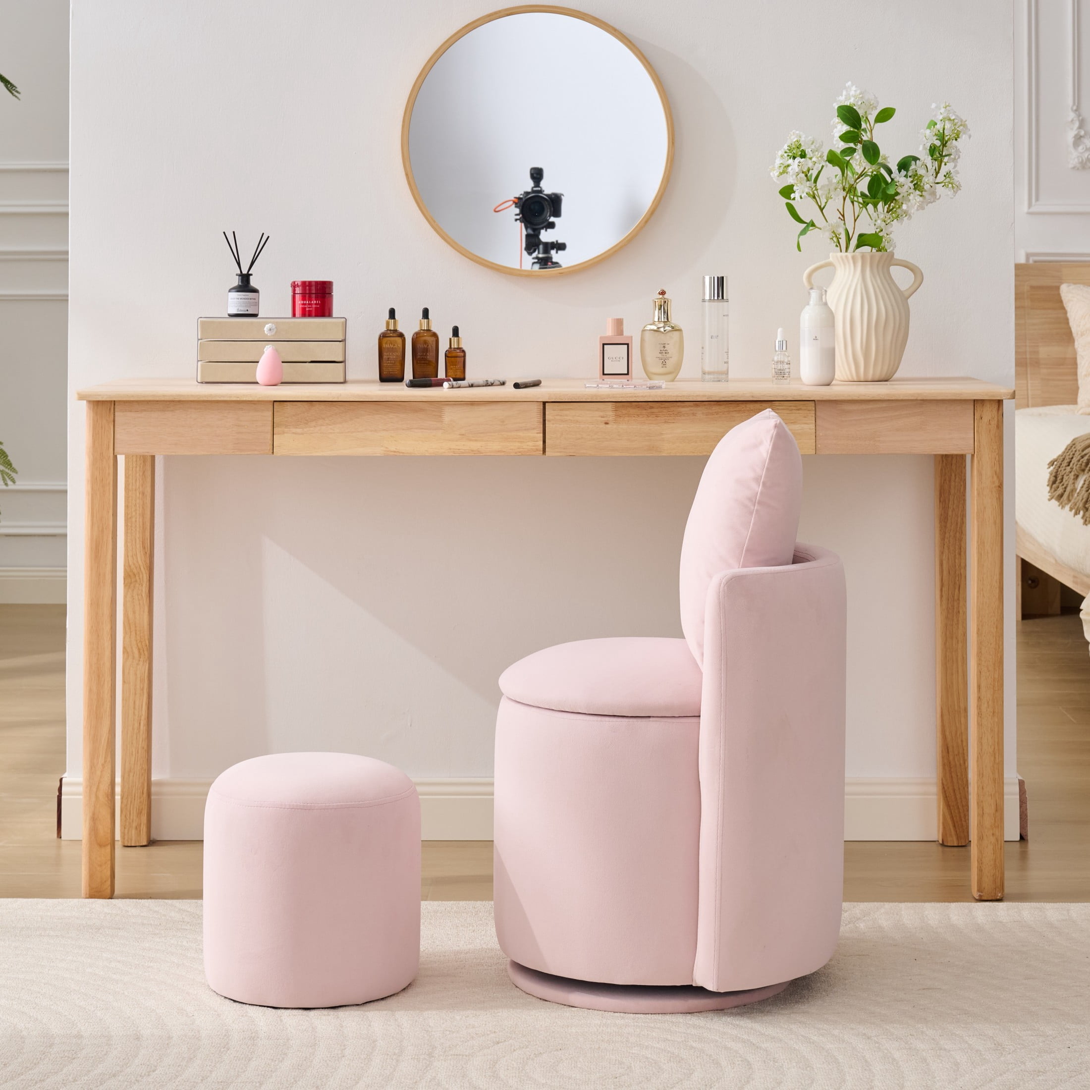Noble House Velvet Swivel Accent Chair with Ottoman & Toss Pillow, Storage Barrel Chair, Pink