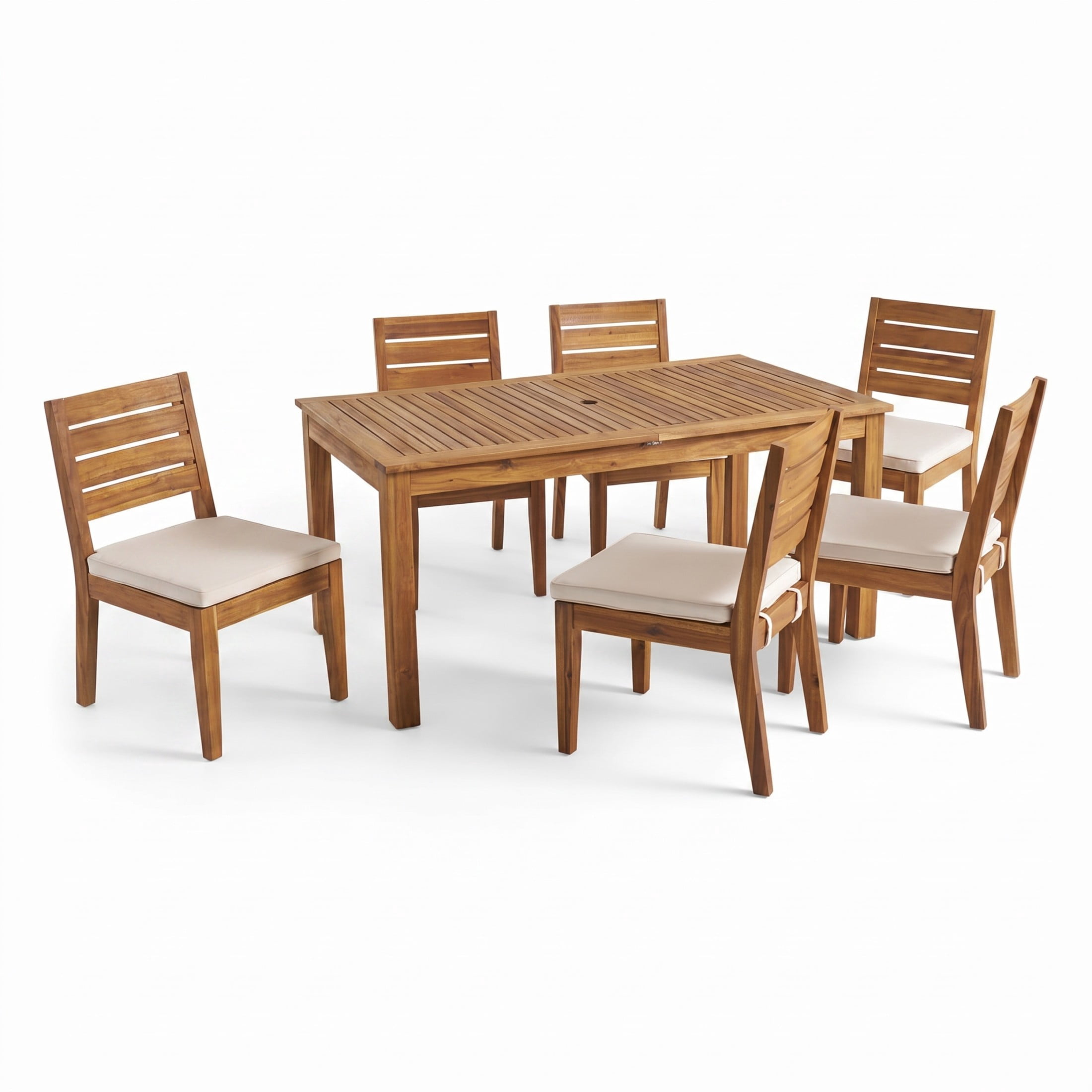 Christopher Knight Home 7-Piece Wood Outdoor Dining Set, Expandable Table and Cushioned Chairs, Natural+Beige
