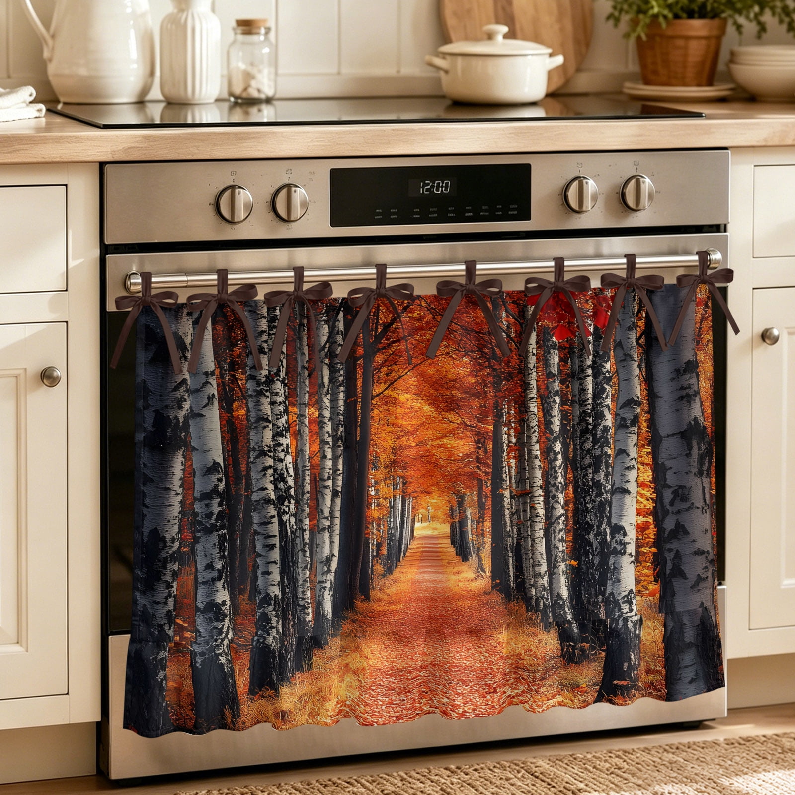 Oven Curtain for Kitchen Autumn Forest Fallen Leaves Stove Curtain With Ruffled Trim Dishwasher Curtains Trees Red Orange Maple Leaves Oven Skirt 30 x21.5