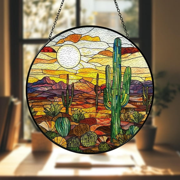 Cactus Landscape Stained Glass Suncatcher Desert Sunset Window Hanging, Western Home Decor, Gift for Nature Lovers
