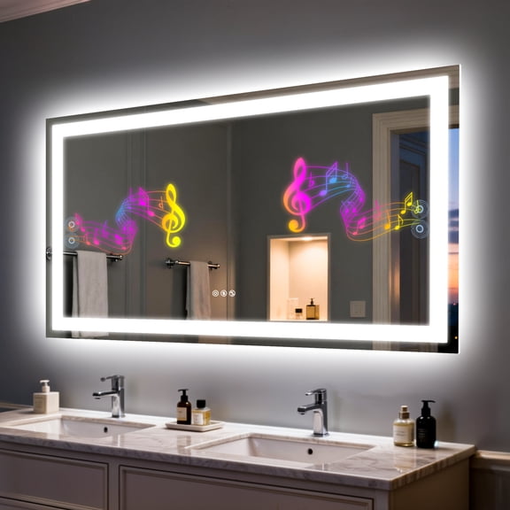 LUVODI Bluetooth LED Bathroom Mirror Rectangle Smart Backlit Wall Makeup Vanity Mirror Dimmable