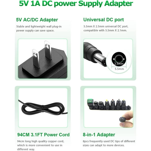 alimentation 5v 5A avec connecteur 5,5 x 2,1 mm en option adaptateur 5,5 x  2,5mm