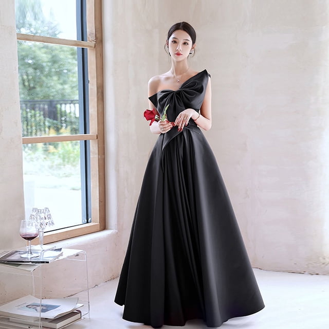 Vestido de noche negro de verano de satén para mujer, vestido largo sin tirantes para reunión anual de empresa, vestido de graduación