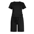 thumbnail image 6 of CheerKidz Clearance Fashion 2 Piece Outfits for Woman Solid Color Round Neck Short Sleeved Shirt Elastic Waist Summer Pocket Shorts Lounge Matching Set(Black,L), 6 of 6
