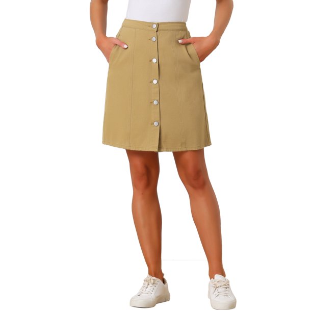 Faldas de mezclilla A-Line de mujer INSPIRE CHIC, cintura alta, con botones, falda de jean casual, marrón, XL