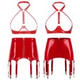 thumbnail image 3 of Conjunto de lencería Sexy de charol con aspecto mojado para mujer, cuello Halter, espalda descubierta, busto abierto, copas abiertas, sujetador, Tops con ligas con cremallera, ropa para discoteca, 3 of 5