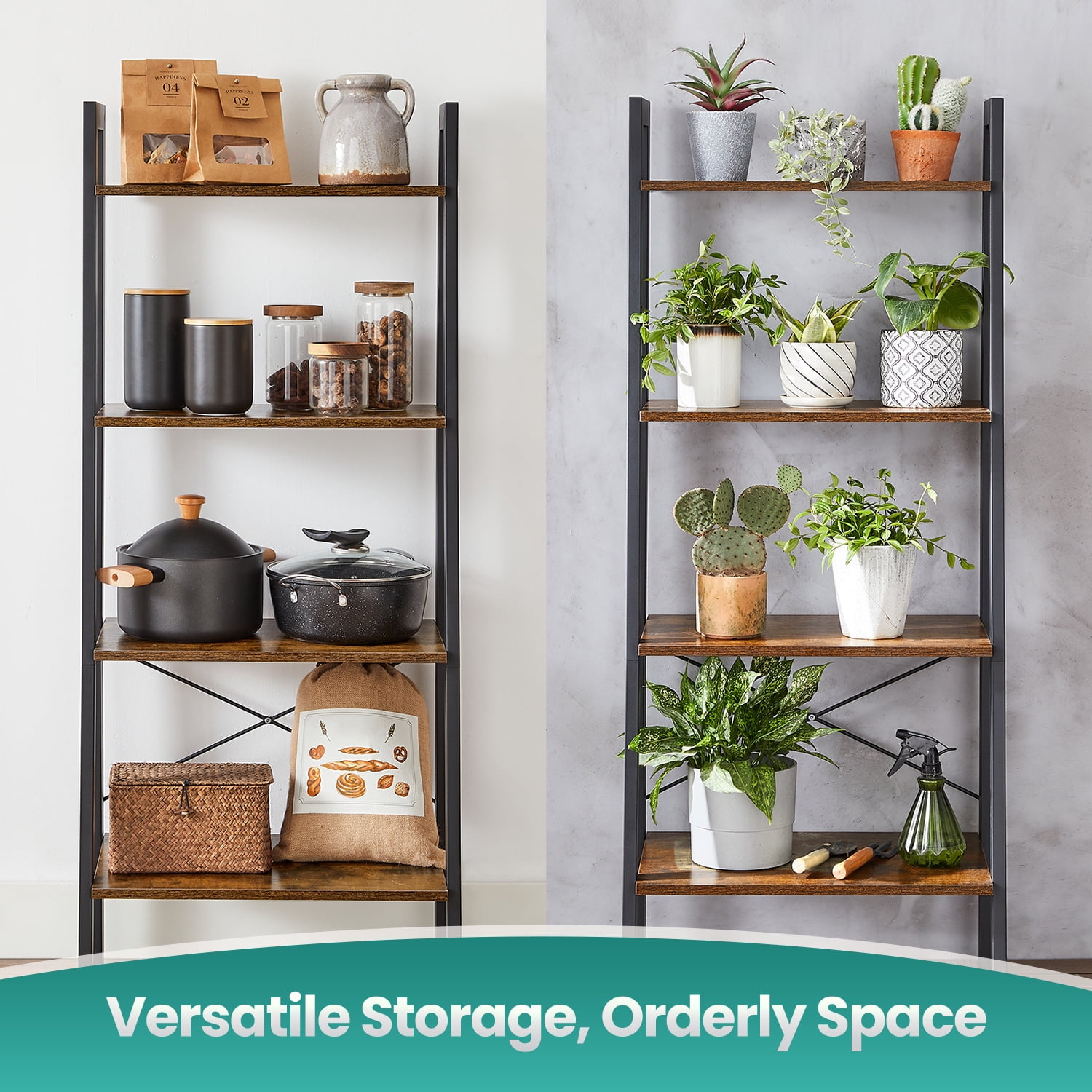 LEDREM 4-Tier Ladder Shelf Heavy Duty Storage Shelf with Steel Frame, Storage Rack Bookshelf for Home, Office, Rustic Brown and Black