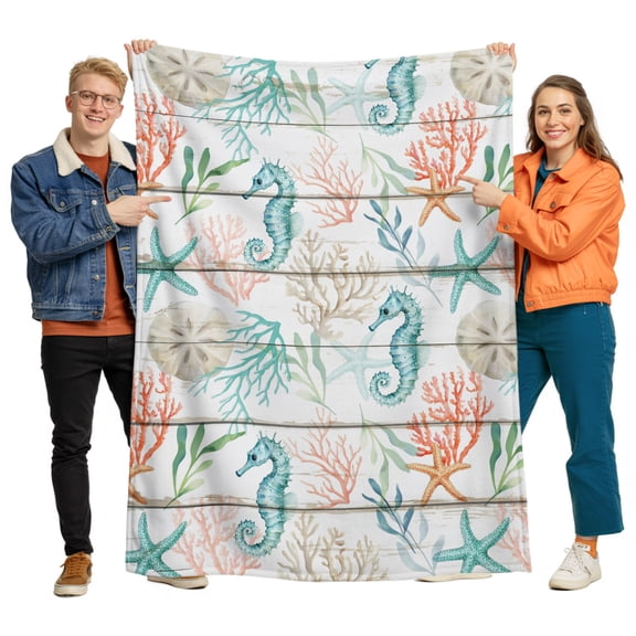 Flannel Throw Blanket for Couch Sofa Bed, Summer Green Seahorse Coral Shell Soft Cozy Warm Fuzzy Blanket 40x50in