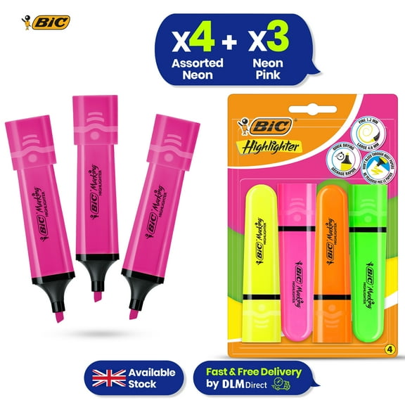 BIC Highlighter Flat Marker Neon Pink Pack of 3 & 4x Assorted Chisel Tip Quick Dry