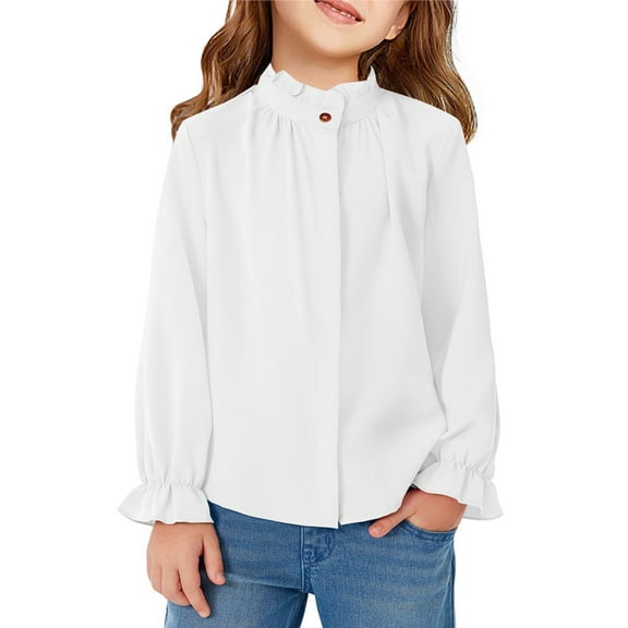 XADYUY Ruffle Long Sleeve T Shirts for Girls 10-12 Button Down Winter T-Shirts for Girls Casual Basic Top for Girls Loose High Ruffled Neck Girls Tunic Tops,11-12 Years,White