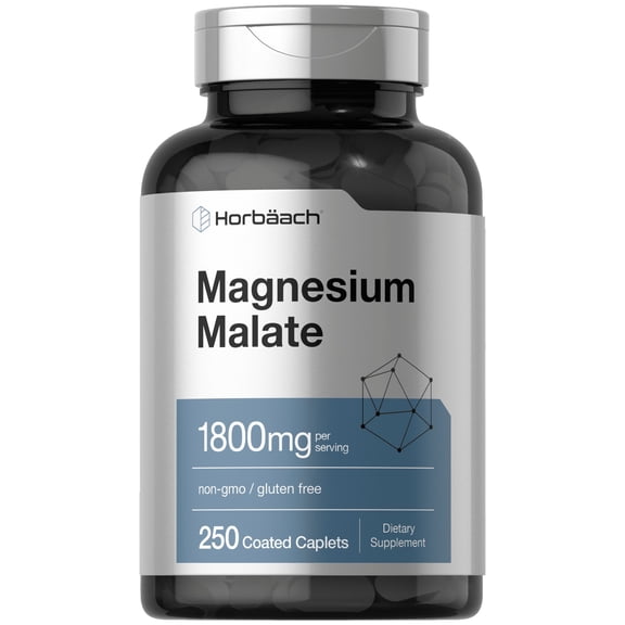 Magnesium Malate 1800mg | 250 Coated Caplets | Vegetarian, Non-GMO, Gluten Free Supplement | by Horbaach