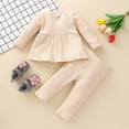 thumbnail image 2 of Odeerbi Girls Dress Baby Girls Clothes Toddler Ruffle 2024 Long Sleeve Solid Knit Tops Pants Set Outfits Beige, 2 of 8