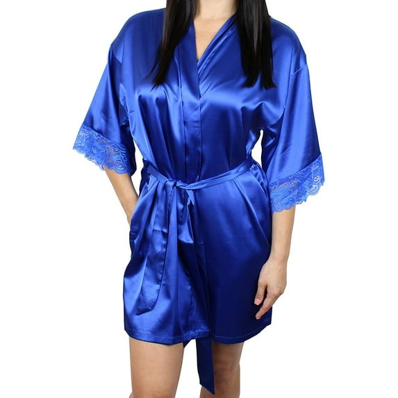 Women's Satin Kimono Bridesmaid Silky Short Robe Lace Trim Sleeves and Pockets