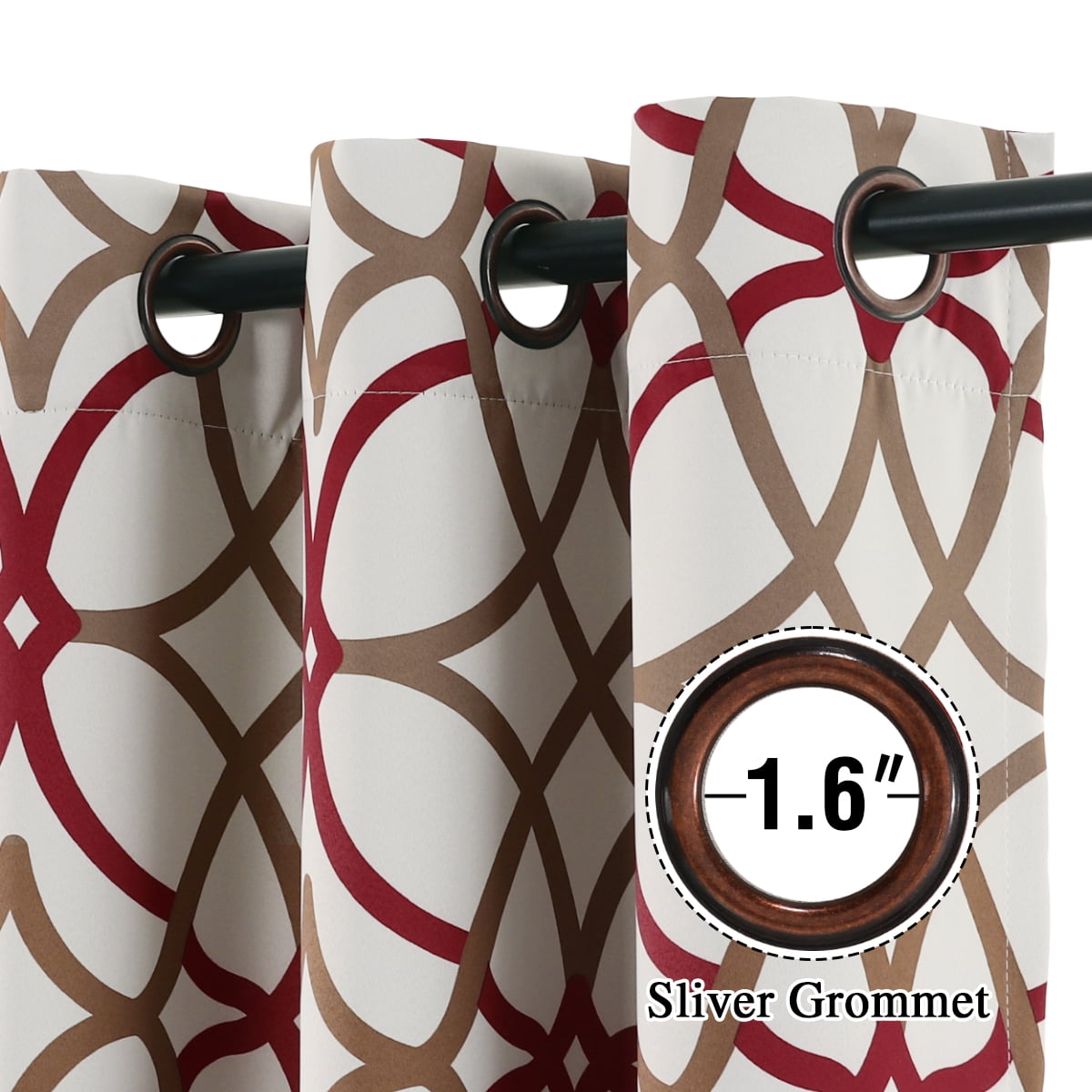 PrimeBeau Thermal Insulated Blackout Curtains 108" inches Long 2 Panels Taupe Red Geo Pattern Grommet Drapes