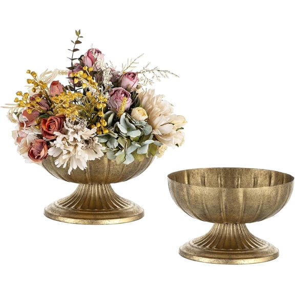 Gold Compote Vase for Centerpiece: 8.5" Wide Short Pedestal Footed Bowl for Flowers - Distressed Brass Urn for Decorative Wedding Table Set of 2