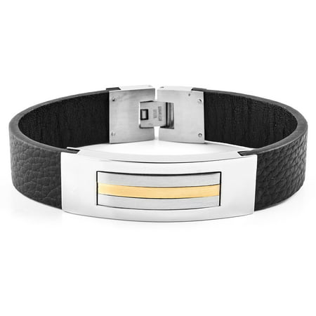 Crucible Gold-Plated Two-Tone Stainless Steel Black Leather ID Bracelet
