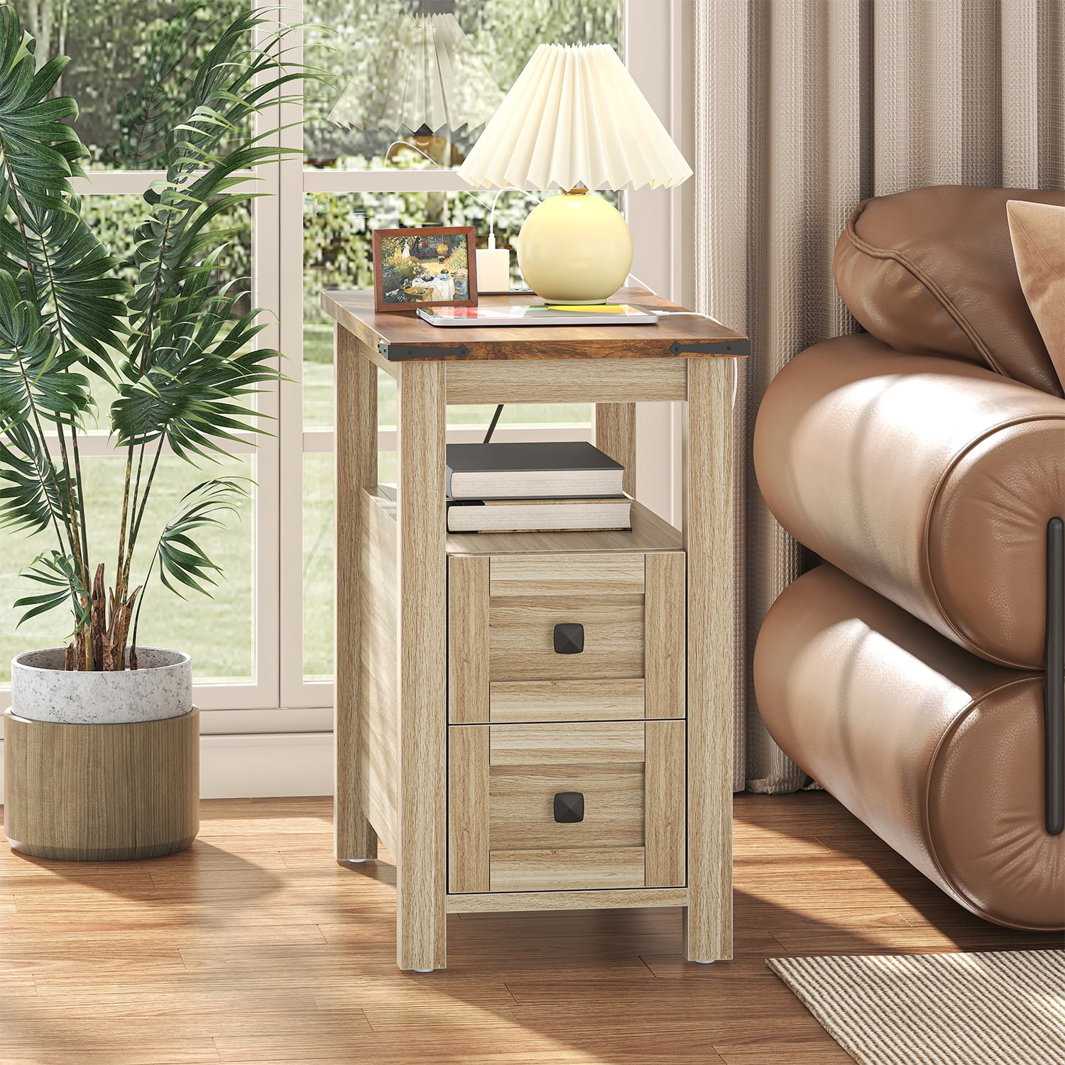Frmobepts End Table with Charging Station, Farmhouse Rustic Wood Side Table for Living Room, Bedroom, Oak