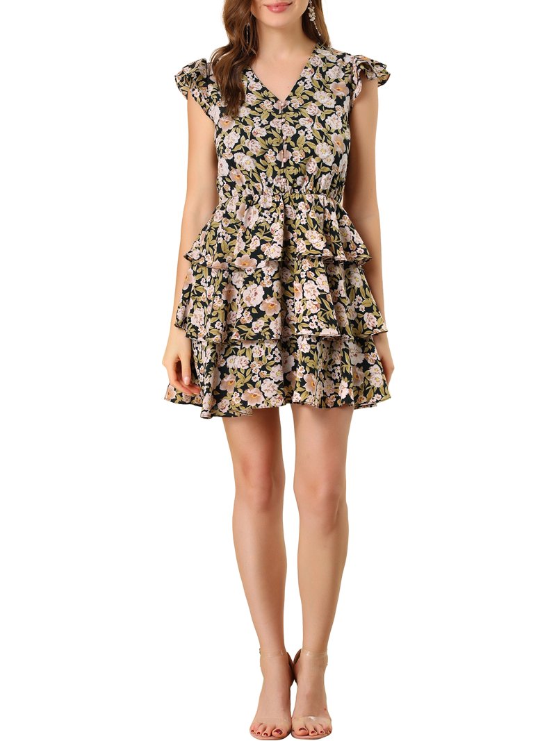 knee length dresses for ladies FLORAL RUFFLE MINI DRESS CREAM – Ocean State of Mind PR main image 0